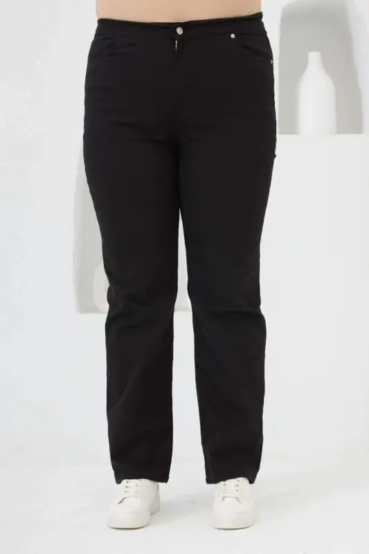 Elastic Waist Plus Size Black Cotton Pants - BÜYÜKBEDENIZ