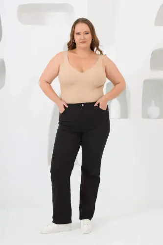 Elastic Waist Plus Size Black Cotton Pants - 3