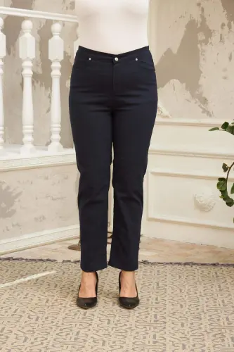 Elastic Waist Plus Size Navy Blue Cotton Pants - 1
