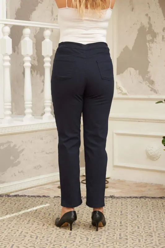 Elastic Waist Plus Size Navy Blue Cotton Pants - 4