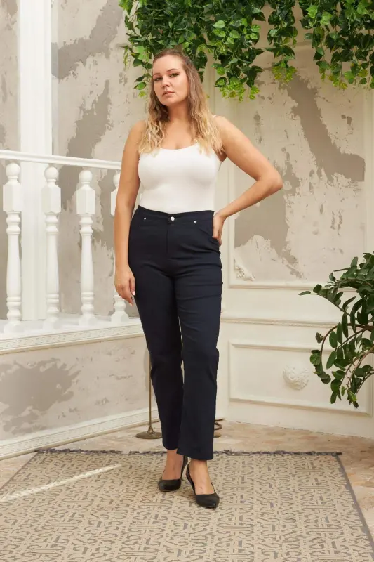 Elastic Waist Plus Size Navy Blue Cotton Pants - 5