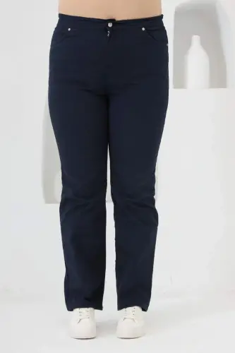 Elastic Waist Plus Size Navy Blue Cotton Pants - 1