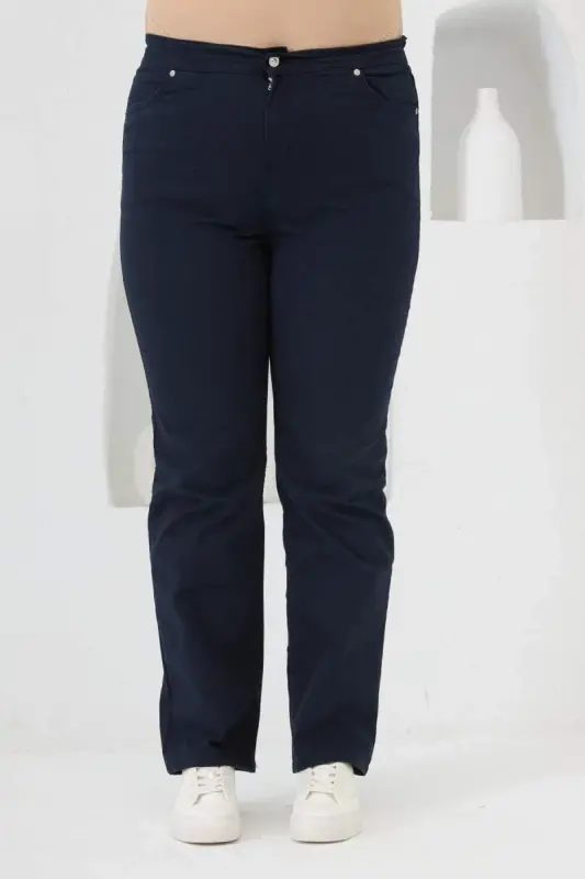 Elastic Waist Plus Size Navy Blue Cotton Pants - 1