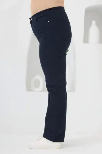 Elastic Waist Plus Size Navy Blue Cotton Pants - BÜYÜKBEDENIZ (1)