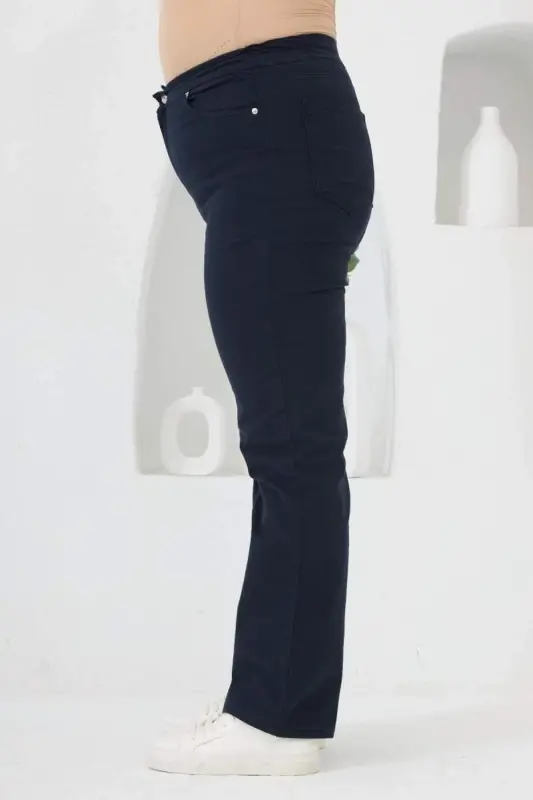 Elastic Waist Plus Size Navy Blue Cotton Pants - 2