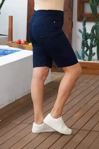 Elastic Waist Plus Size Navy Blue Cotton Shorts - BÜYÜKBEDENIZ (1)