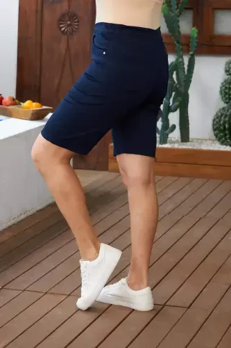Elastic Waist Plus Size Navy Blue Cotton Shorts - 3