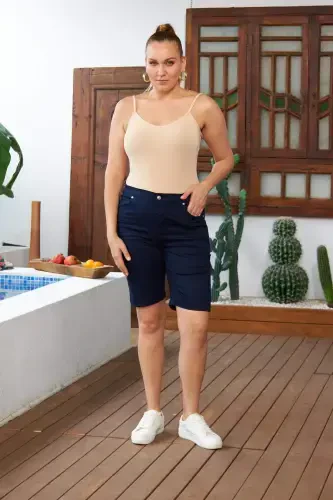 Elastic Waist Plus Size Navy Blue Cotton Shorts - 5