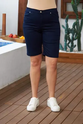 Elastic Waist Plus Size Navy Blue Cotton Shorts - 1