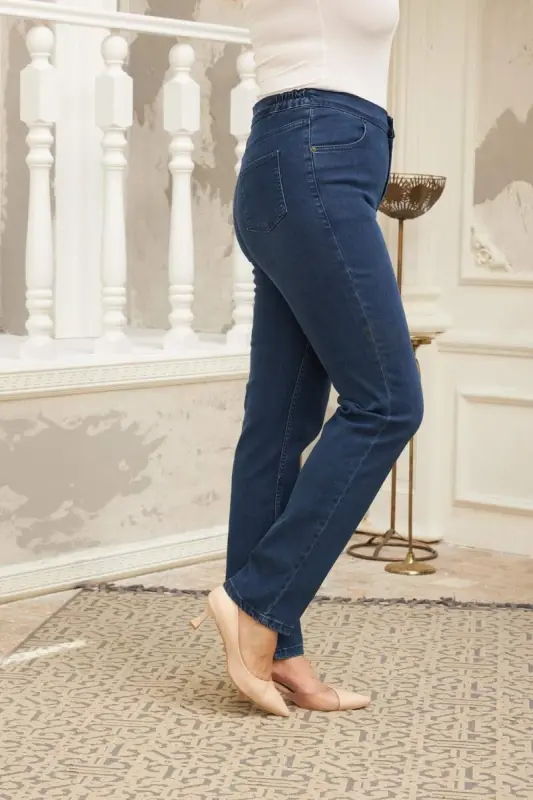 Elastic Waist Plus Size Navy Blue Denim Pants - 2