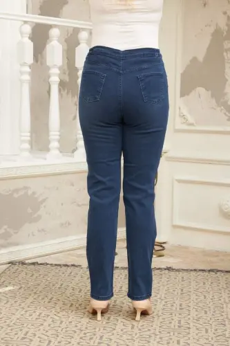 Elastic Waist Plus Size Navy Blue Denim Pants - 3