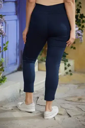 Elastic Waist Plus Size Winter Cotton Pants Navy Blue - 4
