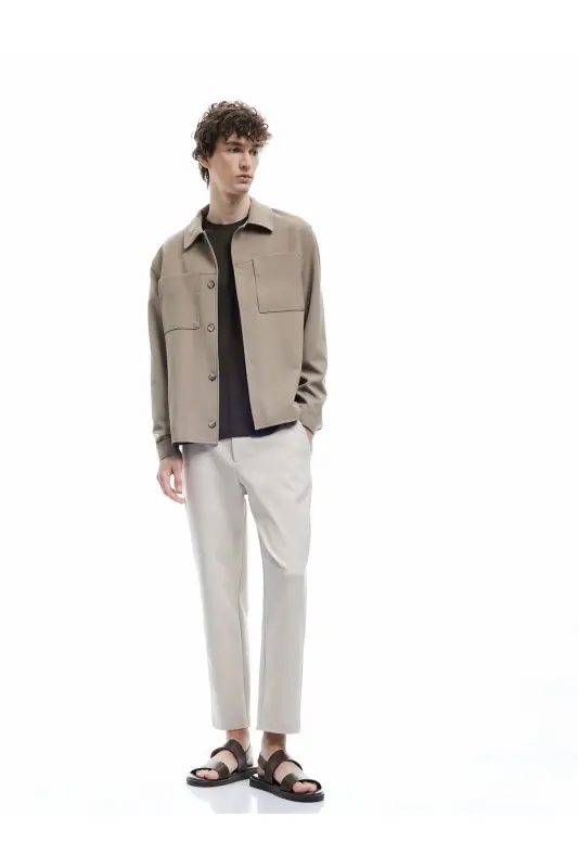 Elastic Waist Pocket Detailed Buttoned Chino Trousers-Ecru - KOTON