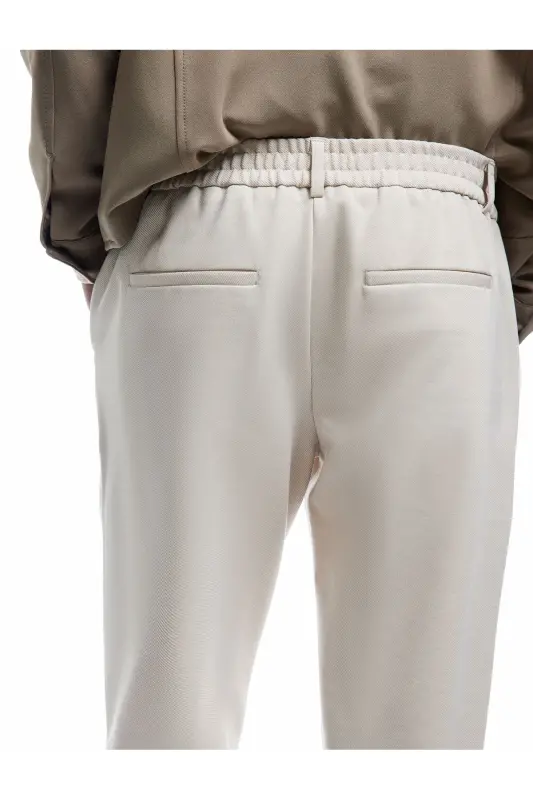 Elastic Waist Pocket Detailed Buttoned Chino Trousers-Ecru - 3