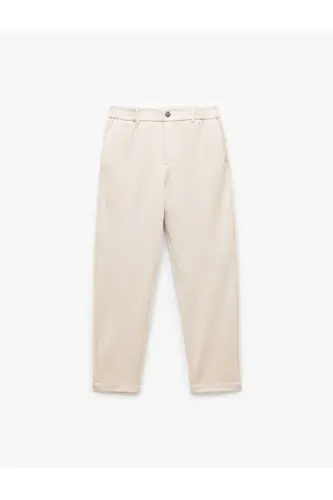 Elastic Waist Pocket Detailed Buttoned Chino Trousers-Ecru - 4