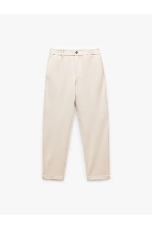 Elastic Waist Pocket Detailed Buttoned Chino Trousers-Ecru - 4