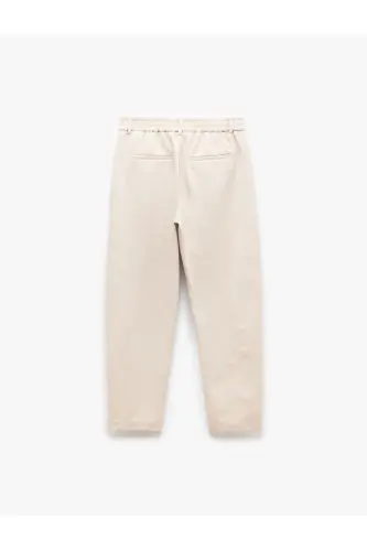 Elastic Waist Pocket Detailed Buttoned Chino Trousers-Ecru - 5