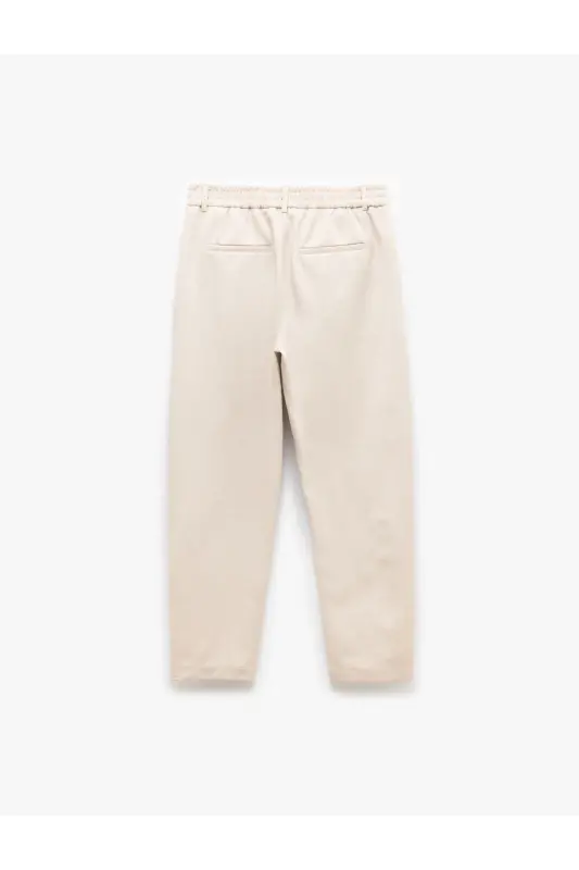 Elastic Waist Pocket Detailed Buttoned Chino Trousers-Ecru - 5