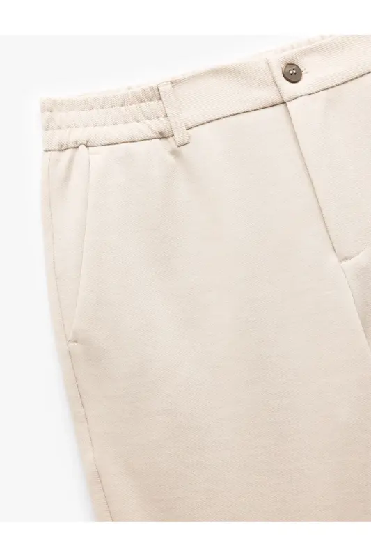 Elastic Waist Pocket Detailed Buttoned Chino Trousers-Ecru - 6