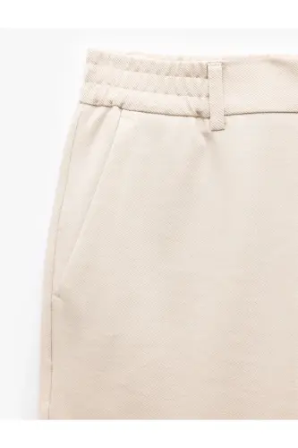 Elastic Waist Pocket Detailed Buttoned Chino Trousers-Ecru - 7