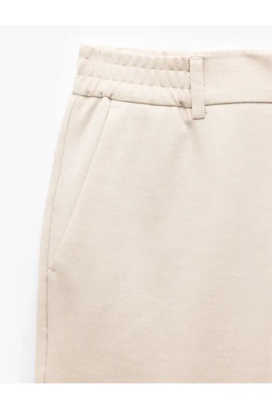 Elastic Waist Pocket Detailed Buttoned Chino Trousers-Ecru - 7