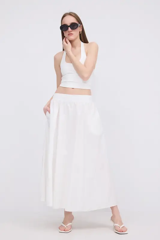 Elastic Waist Pocketed Long Skirt E13751-L3-White - 1