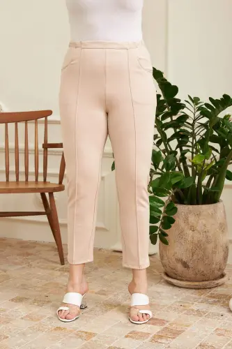 Elastic Waist Ribbed Plus Size Beige Interlock Pants - 1