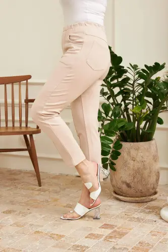 Elastic Waist Ribbed Plus Size Beige Interlock Pants - 3