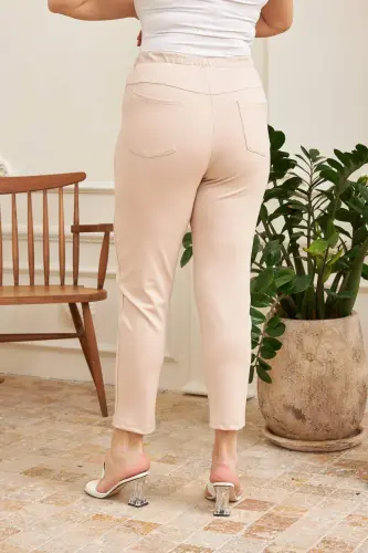 Elastic Waist Ribbed Plus Size Beige Interlock Pants - 4