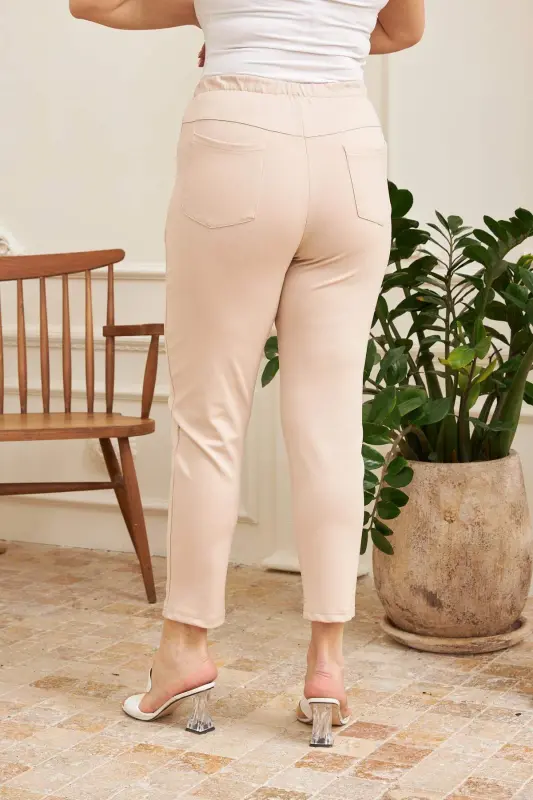 Elastic Waist Ribbed Plus Size Beige Interlock Pants - 4