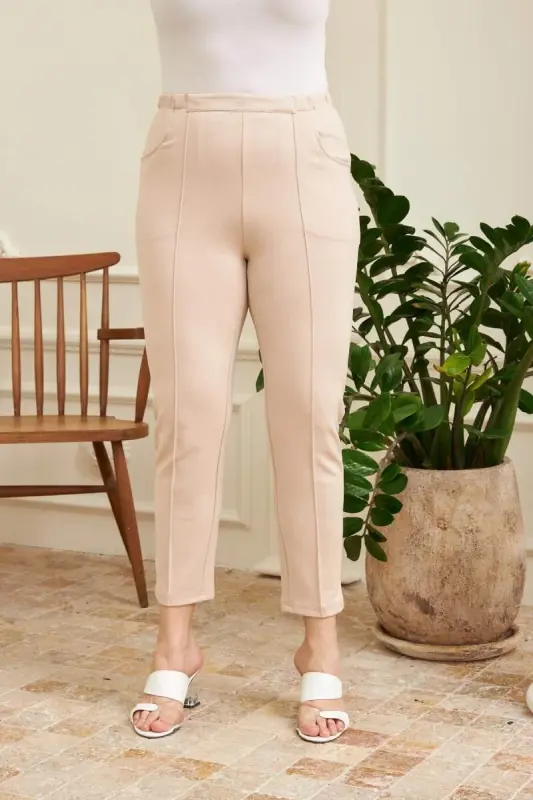 Elastic Waist Ribbed Plus Size Beige Interlock Pants - BÜYÜKBEDENIZ