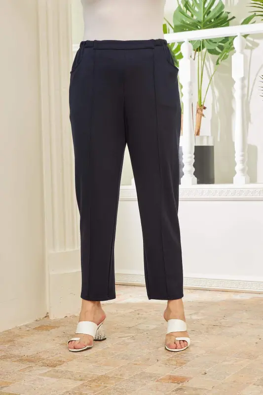 Elastic Waist Ribbed Plus Size Navy Blue Steel Knitted Pants - BÜYÜKBEDENIZ