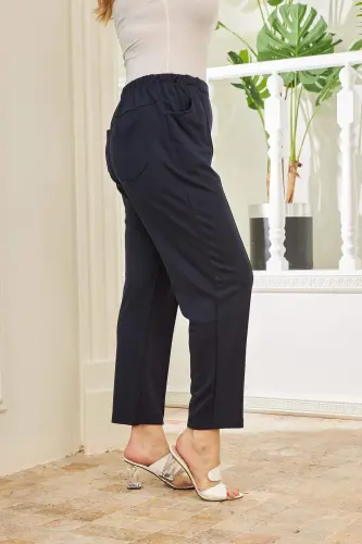 Elastic Waist Ribbed Plus Size Navy Blue Steel Knitted Pants - BÜYÜKBEDENIZ (1)