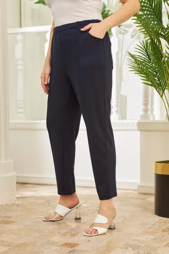 Elastic Waist Ribbed Plus Size Navy Blue Steel Knitted Pants - 3