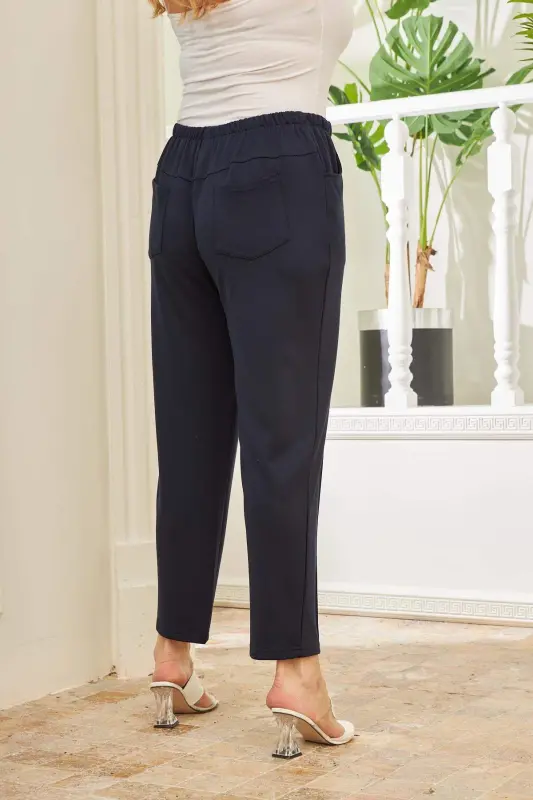 Elastic Waist Ribbed Plus Size Navy Blue Steel Knitted Pants - 4