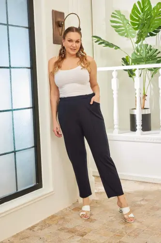 Elastic Waist Ribbed Plus Size Navy Blue Steel Knitted Pants - 5
