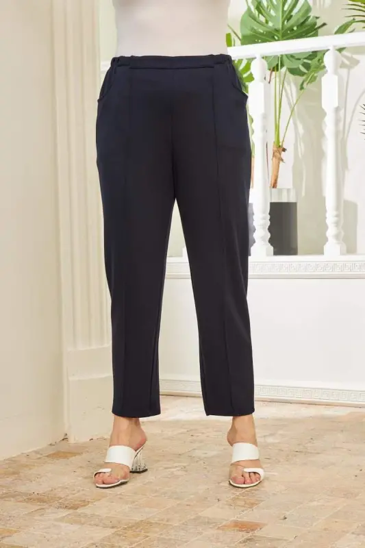Elastic Waist Ribbed Plus Size Navy Blue Steel Knitted Pants - 1