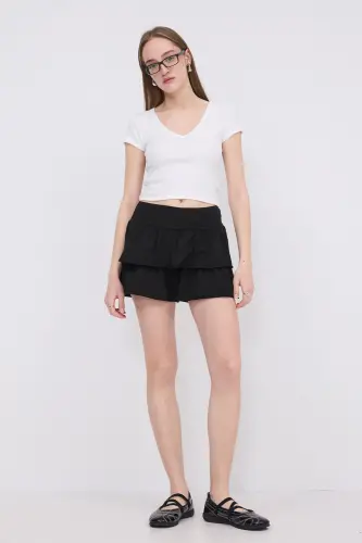 Elastic Waist Ruffled Mini Skirt E1555-K3-Black - 1