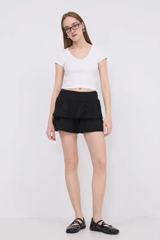 Elastic Waist Ruffled Mini Skirt E1555-K3-Black - 1