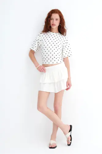 Elastic Waist Ruffled Mini Skirt E1555-K3 - Ecru 