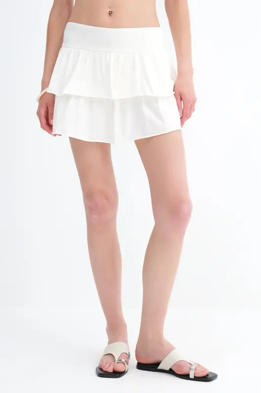 Elastic Waist Ruffled Mini Skirt E1555-K3 - Ecru - 2