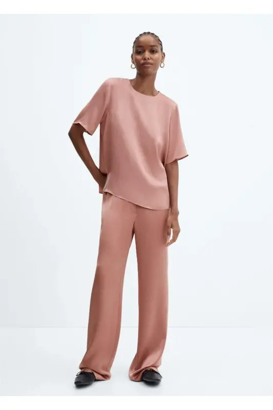 Elastic Waist Satin Trousers-Pastel Pink - 2