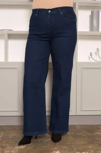 Elastic Waist Wide Leg Plus Size Jeans Dark Navy Blue - 1