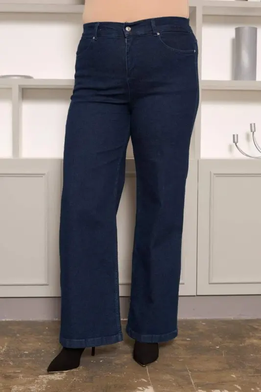 Elastic Waist Wide Leg Plus Size Jeans Dark Navy Blue - 1