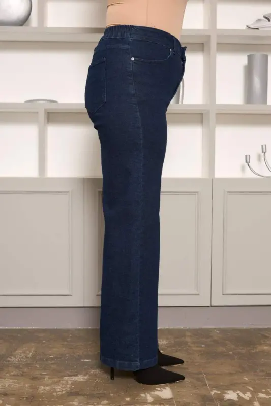 Elastic Waist Wide Leg Plus Size Jeans Dark Navy Blue - 2
