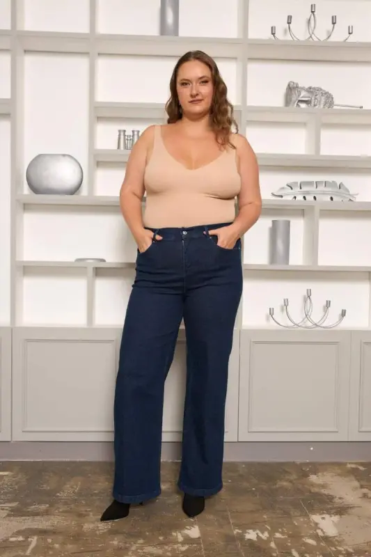 Elastic Waist Wide Leg Plus Size Jeans Dark Navy Blue - 3