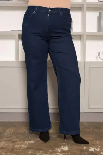Elastic Waist Wide Leg Plus Size Jeans Dark Navy Blue - 4
