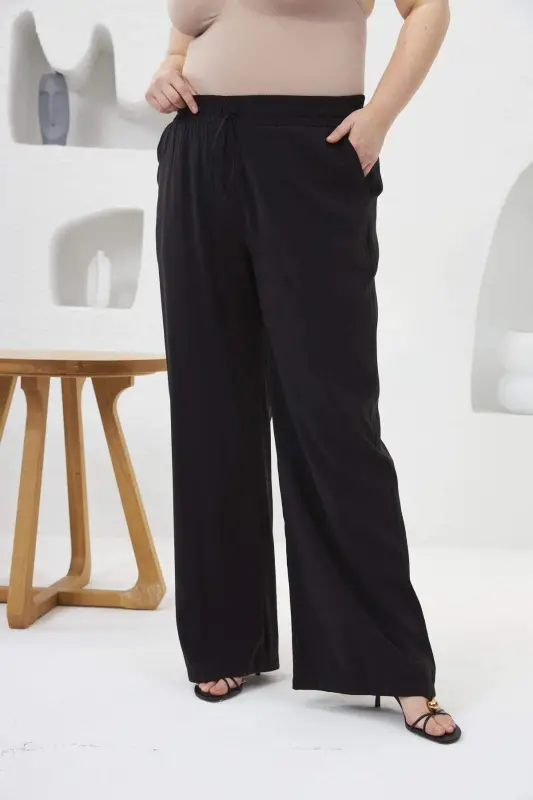 Elastic Waist Wide Leg Plus Size Pants Black - BÜYÜKBEDENIZ
