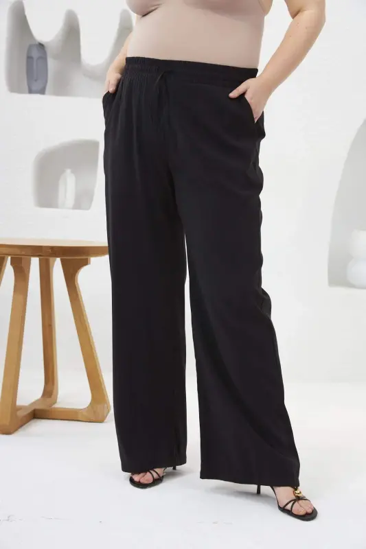Elastic Waist Wide Leg Plus Size Pants Black - 3