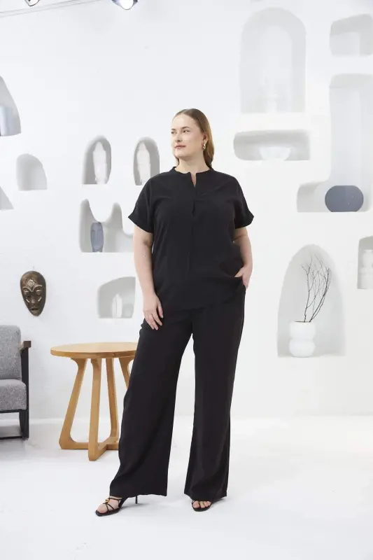 Elastic Waist Wide Leg Plus Size Pants Black - 5